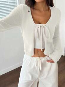 Flirla Áo len cardigan ngắn màu trơn thời trang giản dị dành cho nữ - trắng - Xem 5