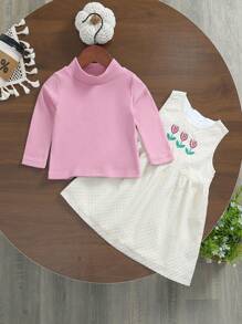 2 piezas Conjunto de vestido de línea A y blusa de cuello alto con bordado floral casual y elegante para niñas bebé, primavera/otoño - Rosa - Ver 4