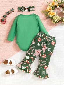 3pcs Baby Girls' Casual Christmas Tree, Snowman Letter Print Long Sleeve Bodysuit, Flared Pants And Headband Set, Spring Autumn - Green - View 2