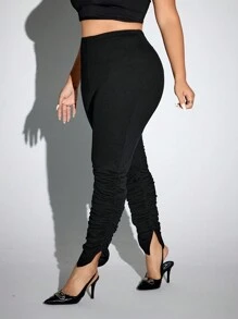 SHEIN ICON Plus Size Casual Solid Color Ruched Slim Fit Pants - Black - View 5
