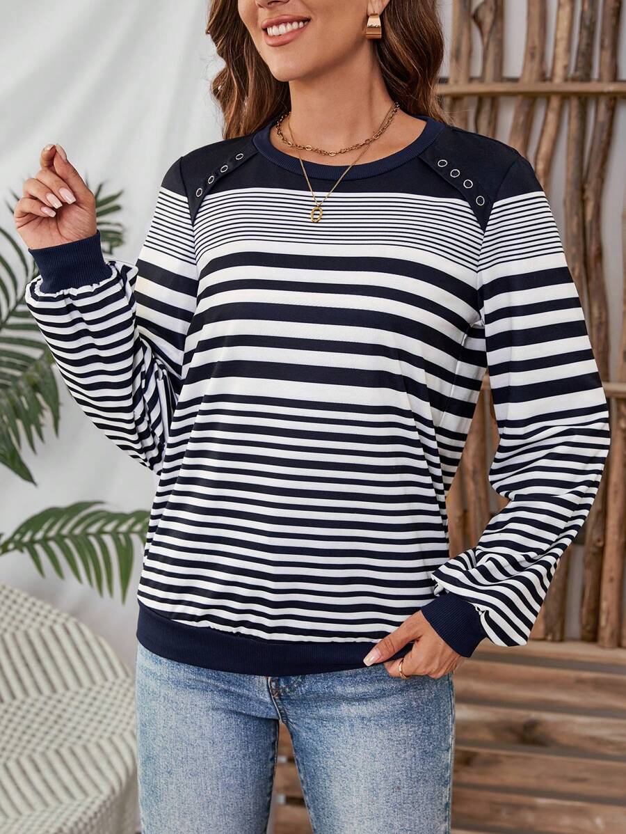 EMERY ROSE Women Casual Striped Metal Detail Loose Sweatshirt For Daily Wear, Autumn - Navy Blue - View 1