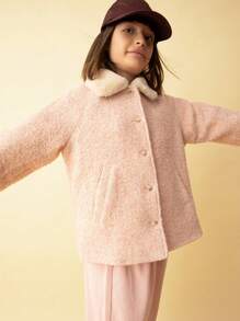 SHEIN Tween Girls Fluffy Collar Ed Casual Jacket With Slanted Pockets And Front Buttons, For Everyday Wear, Autumn/Winter - Pink - View 4