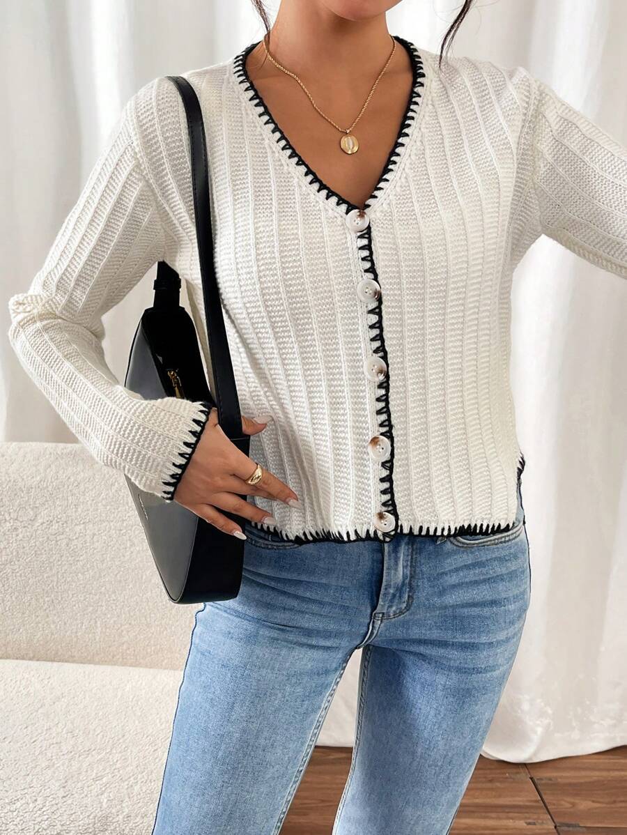 SHEIN Frenchy Áo khoác cardigan nữ tay dài, phối màu nổi bật, cài cúc phía trước, kiểu dáng cơ bản, thích hợp cho mùa Thu, Lễ Tạ ơn và mùa Đông. - Đen và trắng - Xem 1