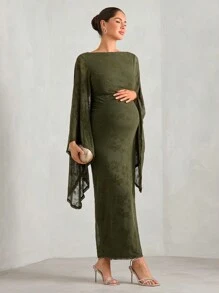 MaterniChic 孕妇女士优雅花朵植绒网眼喇叭袖修身长裙春季派对装