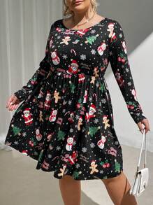SHEIN CURVE+ Plus Women Long Sleeve Christmas Print Dress, Autumn & Winter Clothes - Multicolor - View 5