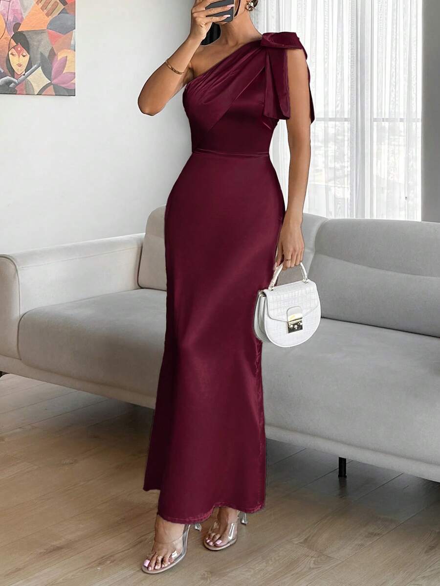 EURMUSE Chimpagne Color Tie Detail Satin Dress - Burgundy - View 1