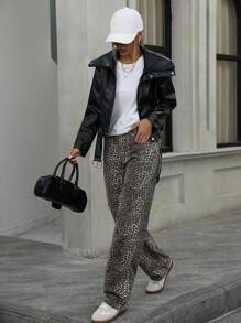 GENKIRA 女式春秋 PU 摩托车夹克（带领和腰带） - 黑色 - 查看 3