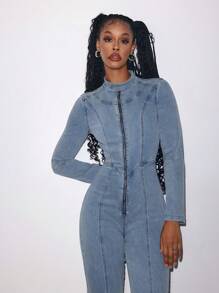 Jeanoix 女士秋季立领拉链半襟长袖休闲流苏喇叭牛仔连体裤 - 藍色 - 查看 3