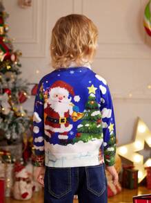 SHEIN Young Boy Christmas Sweater, New Winter Collection, Santa Claus Cartoon Pattern, Adorable Blue Tone, Unique Display, Suitable For Everyday Wear, Outings, And Various Occasions
