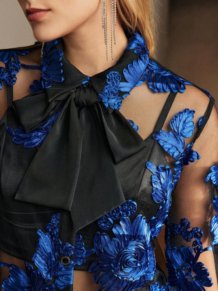 MOTF Soiréza EMBROIDERY MESH FLORAL PATTERN TIE NECK LANTERN SLEEVE SHEER BLOUSE WITHOUT BRA