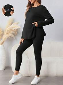 SHEIN 孕妇休闲通勤纯色圆领长袖上衣和裤子 2 件套 - 黑色 - 查看 1