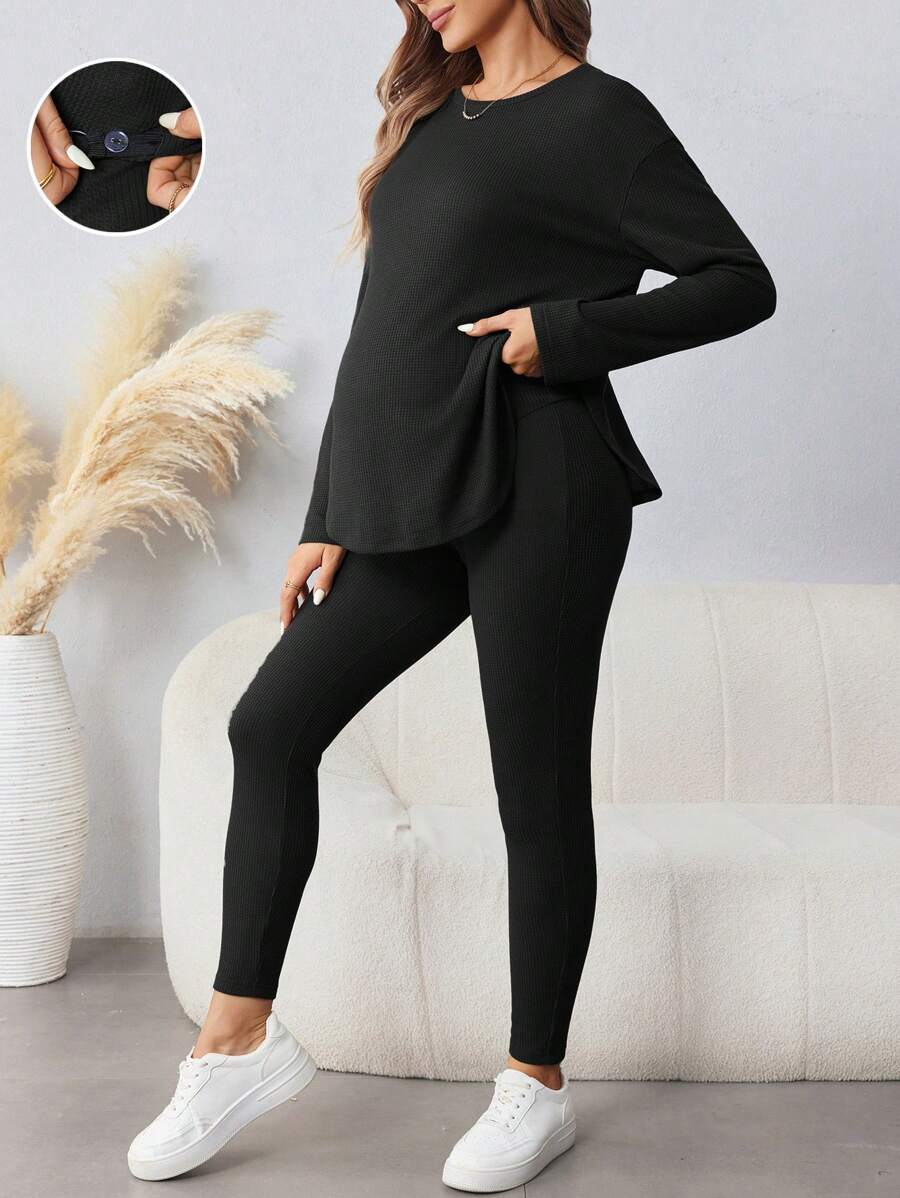 SHEIN 孕妇休闲通勤纯色圆领长袖上衣和裤子 2 件套 - 黑色 - 查看 1