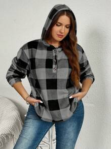 SHEIN Essnce Sudadera holgada casual con capucha a cuadros para mujer de talla grande