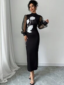 Firerie 女士花卉印花立领网纱灯笼袖优雅中长连衣裙 - 黑色 - 查看 1