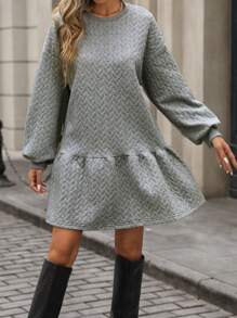 SHEIN LUNE Autumn Casual Loose Knit Dress With Ruffle Hem, Round Neck
