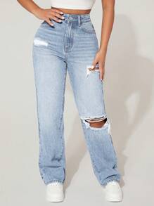 SHEIN EZwear 拉绒面料保暖高腰破洞直筒蓝色牛仔裤感恩节装扮圣诞装扮女士加厚牛仔布 - 淺藍色 - 查看 4