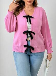 Flirla Plus Size Tie Front Contrast Color Casual Long Sleeve Knitted Cardigan - Dusty Pink - View 6
