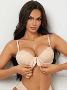 1 件装 蕾丝前扣 浪漫聚拢 带钢圈 女士胸罩 - 杏色 - 查看 1