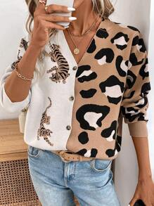 SHEIN LUNE 女式休闲豹纹虎纹长袖基本款开衫，秋冬 - 彩色 - 查看 3