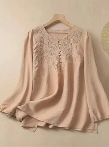 Linhara Plus Size Women's Long Sleeve Loose Retro Blouse Fall Cloth For Women - Apricot - View 1