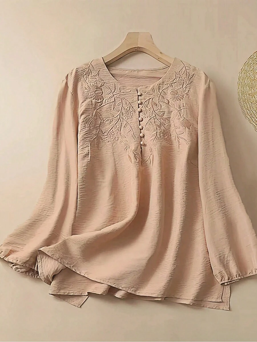 Linhara Plus Size Women's Long Sleeve Loose Retro Blouse Fall Cloth For Women - Apricot - View 1