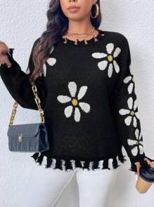 Calvaya Sweater Rajut Pullover Longgar Bermotif Bunga Model Bahu Jatuh untuk Wanita Ukuran Besar, Cocok untuk Musim Gugur dan Musim Dingin. - Hitam - View 3