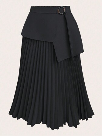 Mulvari 大码女式纯色腰环连接褶边优雅 A 字裙，休闲百褶裙长款女装秋季服装