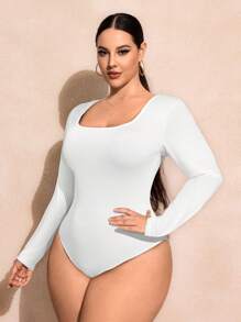 SHEIN SXY 大码纯色长袖修身紧身衣，休闲日常穿着 - 白色 - 查看 5