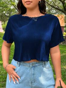 SHEIN EZwear Plus Size Solid Crew Neck Ribbed Knit Short Sleeve T-Shirt