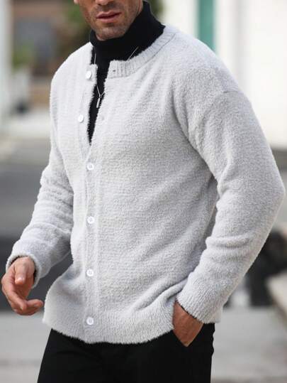 Manfinity Homme Herren klassischer einfarbiger Cardigan mit Knopfleiste und Langarm, lässige Bekleidung für Herbst/Winter