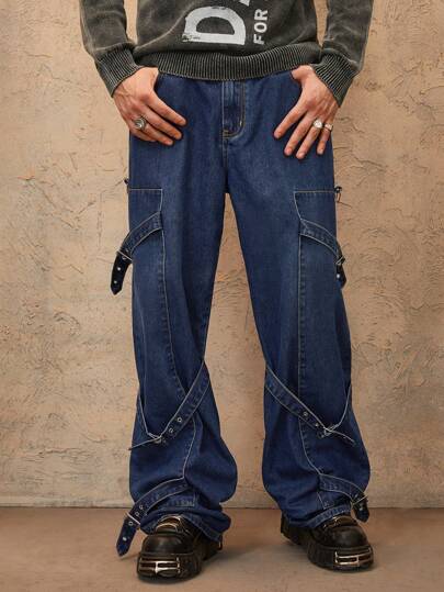 Grunge Punk Men's Button Decorated Casual Straight Leg Jeans