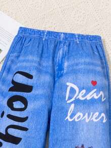 青少年女孩弹性腰部全印花休闲时尚牛仔效果裤 - 藍色 - 查看 4