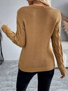 Chiquease Áo len chui đầu dài tay cổ tròn màu trơn thường ngày - Cà phê nâu - Xem 2
