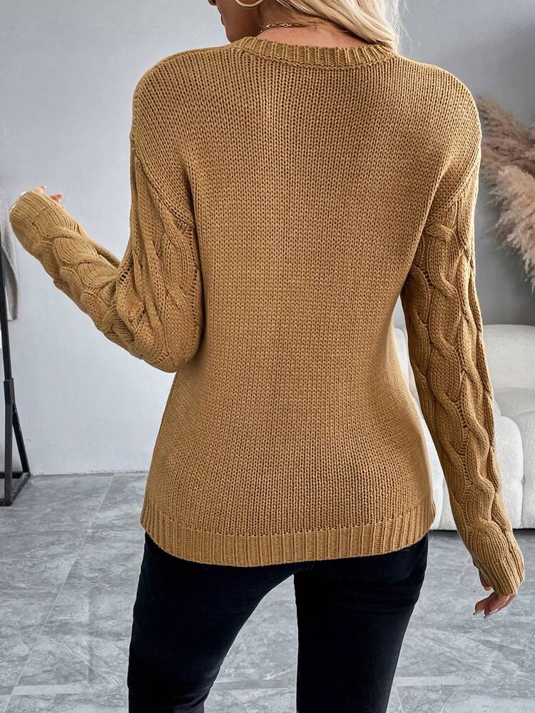 Chiquease Áo len chui đầu dài tay cổ tròn màu trơn thường ngày - Cà phê nâu - Xem 2