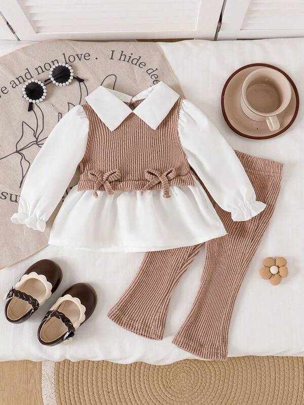 SHEIN Baby Girl Bow Decor Long Sleeve 2 In 1 Top And Flared Pants Cute Outfit, Autumn
