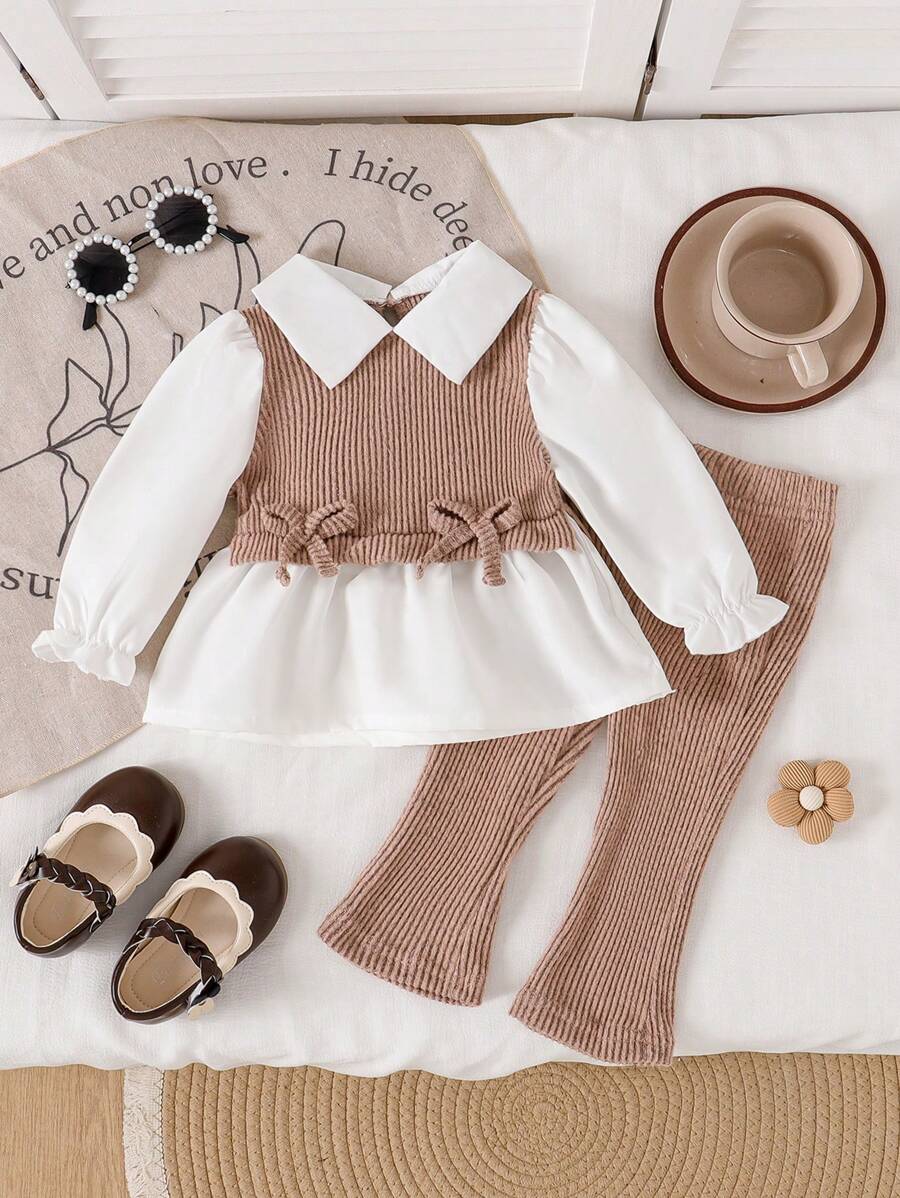 SHEIN Vintaside Kids Bộ đồ trang trí nơ cho bé gái dài tay 2 trong 1 áo và quần ống loe dễ thương, mùa thu - Nhiều màu - Xem 1