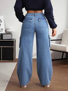 SHEIN EZwear Solid Color Loose Pocket Casual Classic Straight Leg Jeans - Light Wash - View 2