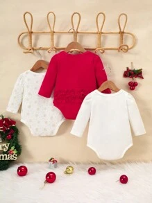 SHEIN 3 piezas Bodys con volantes y estampado navideño para bebé niña - Rojo y blanco - Ver 2