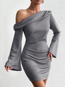 EURMUSE Asymmetrical Neck Ruched Bodycon Dress - Grey - View 3