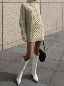DAZY Áo len cổ lọ dệt kim dáng rộng cho nữ, Quần áo mùa thu cho nữ - Màu be - Xem 5