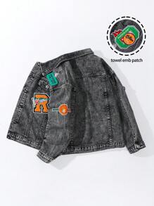 Tween Boy Vintage Street-Style Loose Ripped Distressed Animal Pattern Embroidered Casual Light-Wash Denim Jacket Chic Outfits For Autumn/Winter - Black - View 2