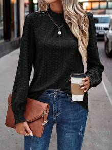 SHEIN LUNE 女式休闲纯色提花 T 恤，秋季 - 黑色 - 查看 5