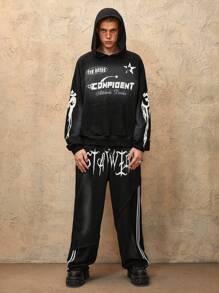 ROMWE MEN Grunge Punk Herren Loose Fit Lässig Jogginghose mit Buchstaben Muster und Kordelzug in der Taille - Schwarz - Übersicht 4
