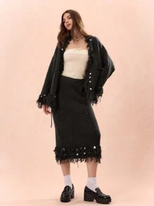 Enchnt Women's Elegant Gray Long Sweater Skirt With Shiny Sequins And Tassels, Fashionable Autumn And Winter Sweaters, Fall Women Outfits, Autumn And Winter - Grey - View 3