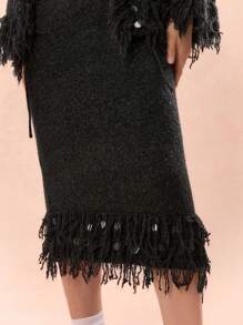 Enchnt Women's Elegant Gray Long Sweater Skirt With Shiny Sequins And Tassels, Fashionable Autumn And Winter Sweaters, Fall Women Outfits, Autumn And Winter - Grey - View 8