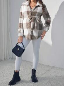 SHEIN Maternity Flannel Long Sleeve Jacket With Drawstring & Button, For Pregnant Women - Khaki - View 5