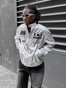Manfinity NXTstreet Men's Loose Fit Woven PU Leather Long Sleeve Jacket, Letter Zip Outerwear, For Fall Winter, Outdoor, Spring - Multicolor - View 2