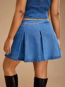 Forever 21 Plus Size Fashion A-Line Pleated Denim Skirt - Blue - View 4