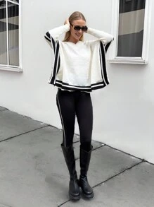 SHEIN Essnce Women's Striped Print V-Neck Long Sleeve Pullover Sweater With High-Low Hem,Women Sweaters,Fall Women Outfits,Women Outfits,Women Outfits,V Neck Long Sleeve