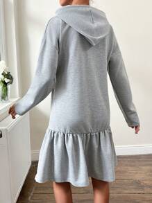 RueChic Drop Shoulder Ruffle Hem Drawstring Hooded Dress - Grey - View 2